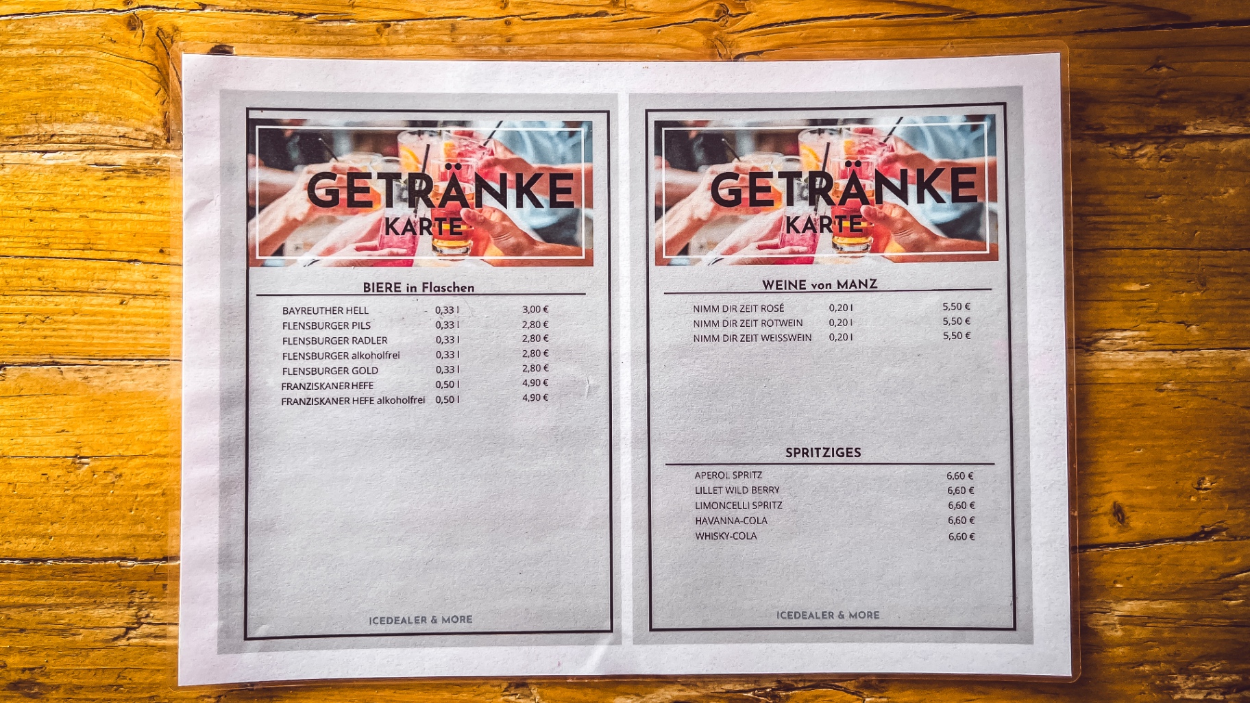 Getränkekarte Biere, Weine und Spritziges