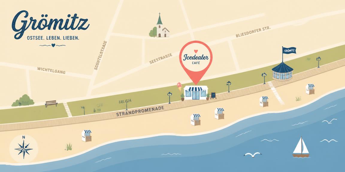 Illustrierte Karte: Icedealer & more am Blankwasserweg direkt an der Ostsee